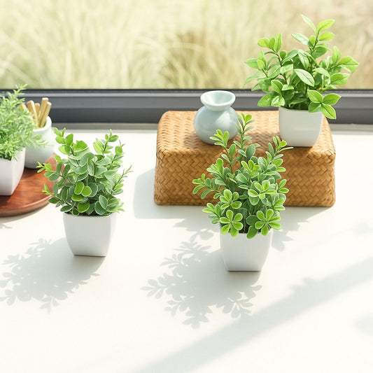TopikaHome - Mini Artificial Greenery Potted Plants - 4 Pack for Home Decor