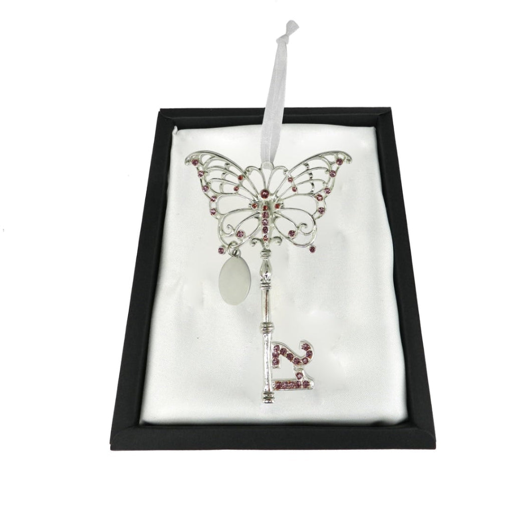 21st key Butterfly Keepsake with Lilac Crystal Stones & Engraving plate